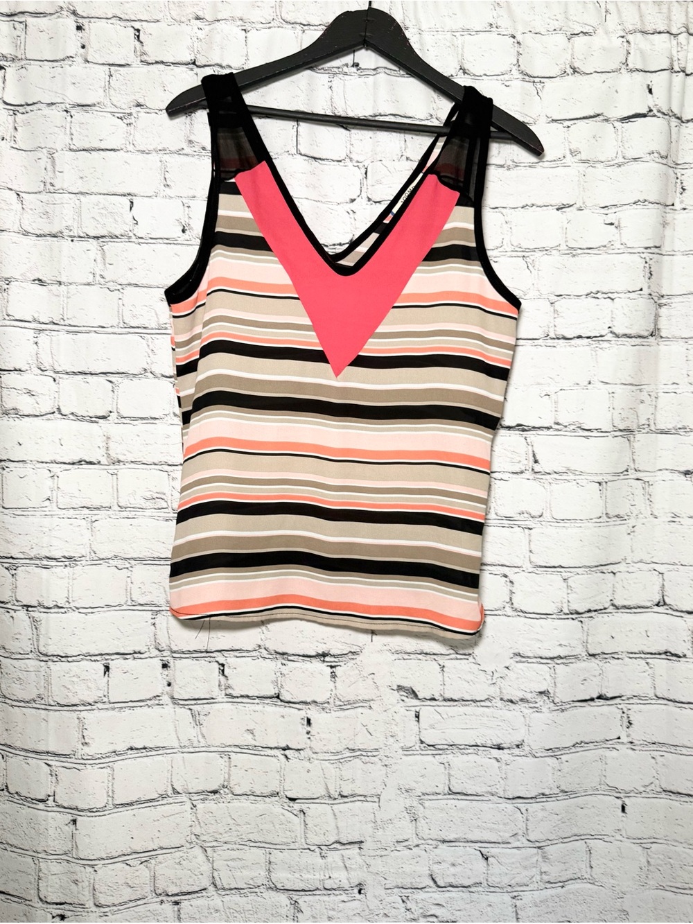 Striped V-Neck Tank Top with Coral Accent
